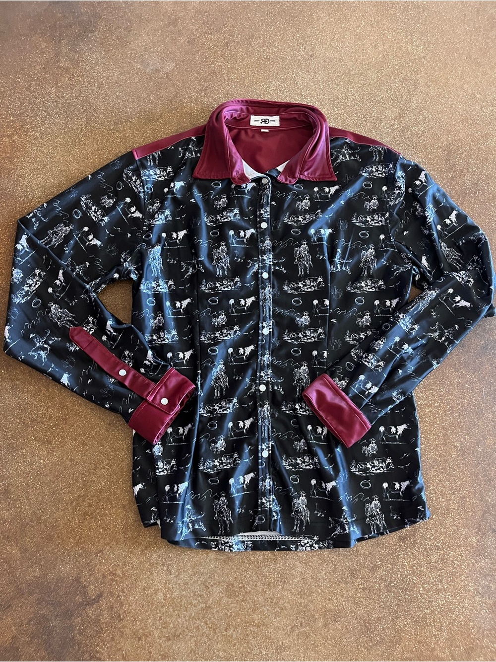 Women's Black Button-Down Shirt with Burgundy Collar & Cuff Accents